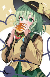 Rule 34 | 1girl, black hat, blush, bow, breasts, burger, burger malfunction, buttons, commentary, diamond (shape), diamond button, eating, eyeball, food, frilled sleeves, frills, green eyes, green hair, green skirt, hat, hat bow, hat ribbon, heart, heart of string, highres, holding, holding food, komeiji koishi, long sleeves, medium hair, ribbon, shirt, sketch, skirt, small breasts, solo, third eye, touhou, usushio, wide sleeves, yellow bow, yellow ribbon, yellow shirt