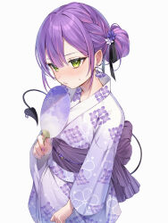Rule 34 | 1girl, absurdres, alternate costume, alternate hairstyle, barbell piercing, blush, closed mouth, commentary request, cowboy shot, demon tail, drop earrings, ear piercing, earrings, floral print, green eyes, hair bun, hand fan, highres, holding, holding fan, hololive, industrial piercing, japanese clothes, jewelry, kimono, looking ahead, nail polish, obi, obijime, paper fan, partial commentary, piercing, pointy ears, purple hair, purple nails, runlan 0329, sash, simple background, solo, sweat, tail, tail ornament, tail ring, tokoyami towa, uchiwa, virtual youtuber, white background, yukata