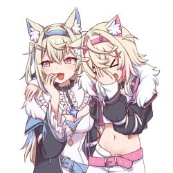 Rule 34 | &gt; &lt;, 2girls, :d, animal ear fluff, animal ears, arm around shoulder, belt, black collar, black jacket, blonde hair, blue belt, blue hair, blue hairband, breasts, chain, cleavage, cleavage cutout, clothing cutout, collar, commentary, crop top, cropped jacket, cropped shirt, dog ears, dog girl, dress, fangs, female focus, frills, fur-trimmed jacket, fur trim, fuwawa abyssgard, fuwawa abyssgard (1st costume), hair ornament, hairband, hairclip, highres, hololive, hololive english, jacket, large breasts, laughing girls (meme), long hair, looking to the side, medium hair, meme, midriff, mococo abyssgard, mococo abyssgard (1st costume), multicolored hair, multiple girls, navel, open mouth, pink belt, pink eyes, pink hair, pink hairband, shirt, short hair, siblings, simple background, sisters, smile, spiked collar, spikes, stomach, streaked hair, twins, two side up, upper body, virtual youtuber, white background, white dress, white shirt, wool (miwol), x hair ornament