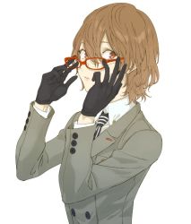 Rule 34 | 10s, 1boy, adjusting eyewear, akechi gorou, asawa (dm owr), bad id, bad twitter id, black gloves, brown eyes, brown hair, buttons, double-breasted, glasses, gloves, lips, looking at viewer, male focus, matching hair/eyes, necktie, parted lips, persona, persona 5, red-framed eyewear, simple background, solo, upper body, white background