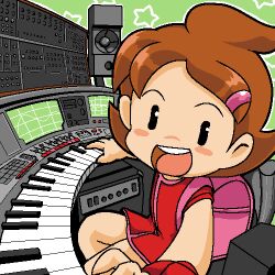 Rule 34 | 13th coffin, 1girl, backpack, bag, black eyes, brown hair, character request, child, copyright request, green background, hair ornament, hairclip, instrument, jaggy lines, keyboard (instrument), lowres, music, oekaki, oscilloscope, playing instrument, randoseru, round teeth, short hair, sitting, solo, speaker, synthesizer, teeth