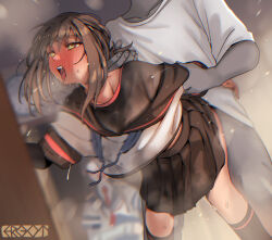 Rule 34 | 1boy, 2girls, admiral (kancolle), against wall, ahegao, arm held back, bent over, blush, bottomless, breasts, breath, brown hair, caught, clothed sex, clothes lift, commentary request, door, ergot, female orgasm, fubuki (kancolle), hetero, highres, kantai collection, kneehighs, long sleeves, medium breasts, multiple girls, ooyodo (kancolle), open door, open mouth, orgasm, pleated skirt, ponytail, sailor collar, school uniform, sex, sex from behind, short hair, sidelocks, skirt, socks, solo focus, standing, standing sex, surprised, sweat, teeth, tongue, tongue out, vaginal, walk-in, yellow eyes