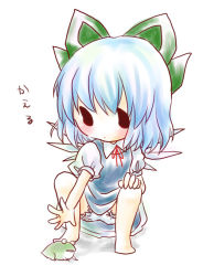 Rule 34 | 1girl, bad id, bad pixiv id, bare legs, bloomers, blue dress, blue hair, blush, bow, chibi, cirno, dress, frog, hair bow, kuromame (8gou), outstretched hand, solo, squatting, touhou, underwear, upskirt, wings