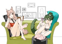 Rule 34 | 2girls, animal ears, arknights, barefoot, book, cellphone, couch, crocodilian tail, dark green hair, feet, gavial (arknights), goggles, goggles on head, long hair, looking at viewer, multiple girls, panties, pantyshot, parted lips, phone, pink eyes, pink hair, pozyomka (arknights), smartphone, smile, soles, tail, toes, underwear, yellow eyes