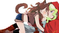 Rule 34 | 2girls, animal ears, artist name, artist request, big bad wolf, big bad wolf (cosplay), commentary request, cosplay, diana cavendish, highres, hood, kagari atsuko, little red riding hood, little red riding hood (grimm), little red riding hood (grimm) (cosplay), little witch academia, multiple girls, one eye closed, pantyhose, role reversal, tail, wolf ears, wolf tail, yuri