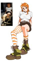 Rule 34 | 1girl, absurdres, alternate costume, asymmetrical legwear, belt, boots, breasts, brown eyes, convenient leg, expressionless, foreshortening, full body, green footwear, head tilt, highres, iago fn, large breasts, leaning back, lips, looking at viewer, nami (one piece), nose, one piece, one piece (live action), orange hair, orange pantyhose, orange socks, pantyhose, reference inset, shirt, short hair, short shorts, short sleeves, shorts, simple background, sitting, socks, solo, striped clothes, striped pantyhose, striped socks, t-shirt, white background, white pantyhose, white shirt, white socks