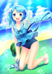 Rule 34 | 1girl, 33paradox, :d, ahoge, anklet, bare arms, bare shoulders, barefoot, beach, beach towel, blue eyes, blue hair, bottle, cellphone, collarbone, day, dress, dutch angle, fang, food, fruit, full body, highres, holding, holding bottle, horizon, jewelry, kneeling, lens flare, long hair, looking at viewer, matching hair/eyes, ocean, one-piece swimsuit, open mouth, original, outdoors, phone, reaching, reaching towards viewer, school swimsuit, see-through silhouette, shiny skin, shore, smartphone, smile, solo, sparkle, swimsuit, swimsuit under clothes, towel, twintails, two side up, water, watermelon