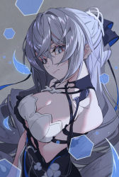 Rule 34 | 1girl, arm under breasts, black gloves, breasts, bronya zaychik, bronya zaychik (silverwing: n-ex), cleavage, closed mouth, dress, drill hair, gloves, grey background, grey eyes, grey hair, hair between eyes, hair ornament, highres, holographic interface, honkai (series), honkai impact 3rd, large breasts, lips, long hair, looking at viewer, solo, ssssolagu, twin drills, white dress