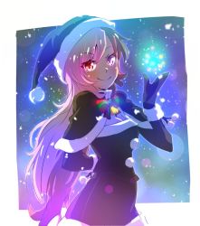 Rule 34 | 1girl, bell, black mittens, bow, bowtie, breasts, brown hair, christmas, cleavage, hat, heterochromia, iesupa, long hair, mittens, multicolored hair, neo politan, night, pink hair, rwby, santa costume, santa hat, smile, snow, snowflakes, snowing, solo, two-tone hair, winter, winter clothes