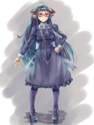 Rule 34 | 1girl, ahoge, animal ears, bad id, bad twitter id, black dress, black hair, blunt bangs, bow, bowtie, closed mouth, commentary request, dress, full body, glasses, grey background, grey bow, grey bowtie, hand on own hip, horned girl (jaco), horns, jaco, juliet sleeves, long hair, long sleeves, looking at viewer, original, pantyhose, puffy sleeves, purple pantyhose, red-framed eyewear, red eyes, shoes, solo, standing