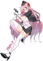 Rule 34 | 1girl, black footwear, blue eyes, blush, braid, breasts, character name, flower, fnp-9, fnp-9 (girls&#039; frontline), full body, garter straps, girls&#039; frontline, glasses, gloves, gun, hair flower, hair ornament, hands up, hat, high heels, highres, holding, holding gun, holding weapon, large breasts, long hair, looking at viewer, military hat, partially unbuttoned, pink hair, semi-rimless eyewear, simple background, skirt, smile, solo, thighhighs, thighs, tongue, tongue out, twin (tt lsh), very long hair, weapon, white background, white garter straps, white thighhighs