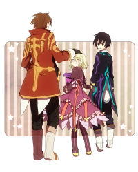 Rule 34 | 1girl, 2boys, alvin (tales), black hair, blonde hair, boots, bow, brown eyes, brown hair, coat, creature, dress, elize lutus, closed eyes, frills, from behind, full body, holding hands, hand on head, jude mathis, knee boots, multiple boys, oga (bibide), pants, purple footwear, ribbon, short hair, smile, star (symbol), tales of (series), tales of xillia, teepo (tales)