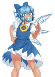 Rule 34 | 1girl, blue dress, blue eyes, blue hair, cirno, dress, fang, flower, food, food in mouth, hair ribbon, hidden star in four seasons, highres, ice, ice wings, icicle, looking at viewer, popsicle, ribbon, short hair, simple background, solo, spacezin, sunflower, sweat, tan, tanned cirno, touhou, white background, wings