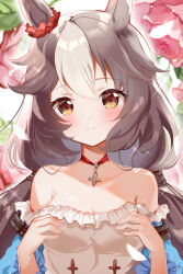 Rule 34 | 1girl, absurdres, animal ears, bare shoulders, blue dress, blurry, blurry background, blush, breasts, brown eyes, cleavage, closed mouth, collarbone, commentary request, detached sleeves, dress, ear ornament, flower, frilled dress, frills, hair ornament, highres, honwaka shinshi, horse ears, horse girl, jewelry, light smile, long hair, long sleeves, looking at viewer, low twintails, medium breasts, necklace, petals, portrait, smile, solo, sparkle, twintails, umamusume, yamanin zephyr (umamusume)