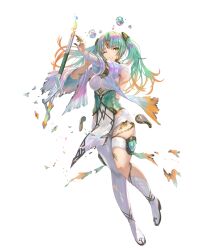 Rule 34 | 1girl, asymmetrical clothes, bandages, blue eyes, boots, breasts, fire emblem, fire emblem heroes, full body, gradient clothes, gradient hair, green hair, hair ornament, heidr (fire emblem), heterochromia, highres, holding, long hair, medium breasts, multicolored hair, nintendo, non-web source, official art, orange hair, pants, pelvic curtain, purple hair, silver trim, single boot, solo, standing, thigh strap, thighs, torn clothes, transparent background, twintails, wand, wide sleeves, yellow eyes, yoshiku (oden-usagi)