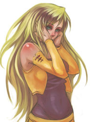 Rule 34 | 1990s (style), 1girl, amano yoshitaka design, bare shoulders, blonde hair, body blush, celes chere, detached sleeves, female focus, final fantasy, final fantasy vi, green eyes, jacket, long hair, lowres, retro artstyle, sato (pixiv3277735), simple background, solo, white background
