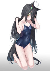 Rule 34 | 1girl, ahoge, animal ears, bare shoulders, black hair, blush, breasts, closed mouth, competition school swimsuit, covered navel, earrings, eyes visible through hair, gradient background, hand in own hair, hands in hair, highres, horse ears, horse girl, horse tail, jewelry, kneeling, long hair, manhattan cafe (umamusume), multicolored hair, school swimsuit, single earring, small breasts, solo, streaked hair, swimsuit, tail, tks (526tks), umamusume, wet, wet hair, yellow eyes