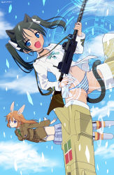 Rule 34 | 2girls, animal ears, black hair, blue eyes, blue sky, brown hair, charlotte e. yeager, choker, cloud, day, fang, flying, francesca lucchini, gun, magic circle, mochiya marosuke, multiple girls, navel, no pants, open mouth, panties, rabbit ears, rabbit girl, rifle, sky, sten, strike witches, striped clothes, striped panties, tail, twintails, underwear, weapon, world witches series