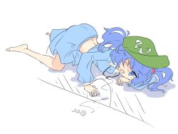 Rule 34 | 1girl, all fours, arm support, back peek, barefoot, blue shirt, blue skirt, breasts, collared shirt, dropped object, frilled shirt, frills, full body, green hat, hair bobbles, hair ornament, hat, highres, kawashiro nitori, key, long sleeves, medium breasts, multicolored hair, on floor, one-hour drawing challenge, one eye closed, open mouth, pleated skirt, primsla, shirt, short hair, simple background, skirt, solo, touhou, two side up, white background, white shirt