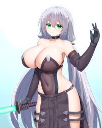 Rule 34 | 1girl, asamura hiori, black choker, breasts, choker, covered navel, elbow gloves, energy sword, gloves, green eyes, highres, huge breasts, looking at viewer, original, pelvic curtain, revealing clothes, solo, sword, twintails, weapon, white background, white hair