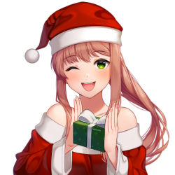 Rule 34 | 1girl, ;d, artist name, bare shoulders, box, brown hair, christmas, commentary, doki doki literature club, english commentary, gift, gift box, green eyes, hat, highres, incoming gift, long hair, long sleeves, looking at viewer, monika (doki doki literature club), off shoulder, one eye closed, open mouth, pom pom (clothes), ponytail, santa costume, santa hat, sasoura, simple background, smile, solo, upper body, white background
