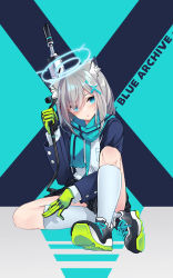 Rule 34 | 1girl, absurdres, animal ear fluff, animal ears, assault rifle, black background, black footwear, black skirt, blue archive, blue background, blue eyes, blue jacket, blue scarf, copyright name, fringe trim, full body, gloves, green gloves, grey hair, gun, hair ornament, hair over one eye, halo, hand up, highres, holding, jacket, knee up, kneehighs, long sleeves, looking at viewer, open clothes, open jacket, osisio, parted lips, pleated skirt, rifle, scarf, shiroko (blue archive), shirt, shoe soles, shoes, sig sauer 556, sitting, skirt, socks, solo, two-tone background, weapon, white shirt, white socks
