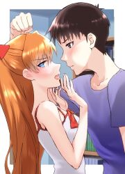 Rule 34 | 1boy, 1girl, against wall, blue eyes, blush, breasts, brown hair, chemise, cleavage, embarrassed, eye contact, face-to-face, hair ornament, hetero, highres, ikari shinji, interface headset, long hair, looking at another, looking back, medium breasts, neon genesis evangelion, open mouth, short hair, simple background, souryuu asuka langley, unihotate0329, very long hair, white chemise
