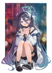 Rule 34 | 1girl, absurdres, aris (blue archive), bare legs, black hair, blue archive, blue eyes, blurry, blurry background, blush, double v, hair between eyes, halo, highres, knees up, long hair, long hair between eyes, looking at viewer, muo (muojjang 0929), one side up, shoes, smile, sneakers, solo, v, very long hair