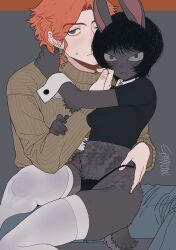Rule 34 | 1boy, 1girl, :&lt;, animal ears, artist name, black hair, black panties, black shirt, blue eyes, blue pants, body fur, breasts, brown eyes, brown sweater, closed mouth, colored sclera, commentary, covered erect nipples, english commentary, freckles, grey fur, grey sclera, hand up, hands up, highres, invisible chair, leotard, long sleeves, looking at viewer, monster girl, on lap, one eye closed, orange hair, original, panties, pants, panty lift, playboy bunny, rabbit ears, rabbit tail, shirt, short hair, sitting, small breasts, sparrowl, sweater, tail, thighhighs, thong, underwear, white thighhighs, wrist cuffs