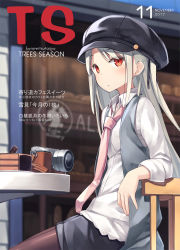 Rule 34 | 1girl, bakery, black shorts, blush, brown pantyhose, cabbie hat, cake, camera, chair, closed mouth, cover, day, fake cover, food, grey hair, hat, highres, long hair, long sleeves, looking at viewer, magazine cover, necktie, open clothes, open vest, original, outdoors, pantyhose, pink necktie, poco (asahi age), red eyes, shirt, shop, shorts, sidelocks, single-lens reflex camera, sitting, sleeves past elbows, sleeves rolled up, solo, table, vest, white hair, white shirt