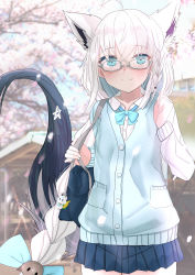 Rule 34 | 1girl, absurdres, ahoge, animal ear fluff, animal ears, bag, blue bow, blue bowtie, blue skirt, blue sweater vest, blurry, blurry background, blush, bow, bowtie, braid, braided ponytail, cherry blossoms, commentary request, day, earrings, extra ears, fox ears, fox girl, fox tail, glasses, green eyes, hair between eyes, hair bow, highres, hololive, jewelry, long hair, long sleeves, looking at viewer, matudo yuu, outdoors, pentagram, pleated skirt, shirakami fubuki, shirt, shoulder bag, sidelocks, single braid, skirt, smile, solo, sukonbu (shirakami fubuki), sweater vest, tail, virtual youtuber, white hair, white shirt