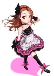 Rule 34 | 10s, 1girl, black bow, black gloves, black thighhighs, blush, boots, bow, brown eyes, brown hair, choker, dress, elbow gloves, footwear bow, from above, full body, gloves, hair bow, hairband, highres, idolmaster, idolmaster (classic), idolmaster 2, legs, long hair, looking at viewer, minase iori, pink bow, ribbon, shoes, simple background, solo, thighhighs, ttomm