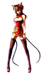 Rule 34 | 1girl, alternate hairstyle, animal ears, bad id, bad nicoseiga id, black thighhighs, brown hair, cat ears, cat girl, cat tail, chen, china dress, chinese clothes, dress, earrings, female focus, garter straps, hat, highres, jewelry, long hair, multiple tails, aged up, panties, red eyes, side-tie panties, slit pupils, solo, sorono wa soro, tail, thighhighs, touhou, underwear, white background