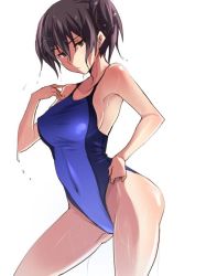 Rule 34 | 10s, 1girl, adjusting clothes, adjusting swimsuit, alternate costume, arched back, bad id, bad twitter id, breasts, brown eyes, brown hair, collarbone, competition swimsuit, covered navel, jpeg artifacts, kadokawa games, kaga (kancolle), kantai collection, large breasts, long hair, looking at viewer, one-piece swimsuit, ponytail, shiny skin, side ponytail, simple background, solo, swimsuit, ulrich (tagaragakuin), wet, white background
