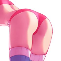 Rule 34 | 1girl, alternate costume, animal print, ass, ass focus, bent over, close-up, crop top, d.va (overwatch), from behind, legs together, navel, overwatch, overwatch 1, panties, pink panties, rabbit print, simple background, solo, striped clothes, striped thighhighs, temproar, thighhighs, thighs, underwear, underwear only, white background