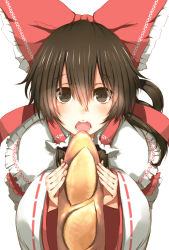 Rule 34 | 1girl, ascot, bad id, bad pixiv id, baguette, blush, bow, bread, brown eyes, brown hair, detached sleeves, eating, food, hair bow, hair tubes, hakurei reimu, highres, long hair, open mouth, ribbon, ringed eyes, sexually suggestive, solo, soratoa, touhou