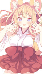 Rule 34 | 1girl, animal ear fluff, animal ears, bare shoulders, blonde hair, blue eyes, blush, cowboy shot, daidai ookami, detached sleeves, fang, fox ears, hakama, highres, japanese clothes, long hair, looking at viewer, miko, open mouth, original, red hakama, simple background, smile, solo, white background, white sleeves