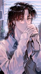 Rule 34 | 1boy, artist name, bishounen, brown eyes, brown hair, coffee mug, collared shirt, commentary request, cup, dated, eyelashes, holding, holding cup, ichijou seiya, indoors, kaiji, lampshade, long hair, long sleeves, looking at viewer, male focus, mug, parted bangs, plant, potted plant, shirt, squeans, solo, unknown03162, upper body, white shirt