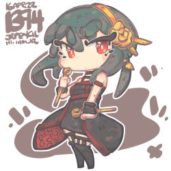 Rule 34 | 1girl, artist name, black dress, black footwear, black hair, boots, breasts, chibi, dated, dress, gold hairband, hairband, holding, jrpencil, looking to the side, medium breasts, red eyes, short hair, solo, spy x family, thigh boots, thighhighs, v-shaped eyebrows, white background, yor briar