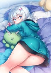 Rule 34 | 10s, 1girl, ass, bed, bed sheet, blue eyes, blush, bow, breasts, closed mouth, cowboy shot, eromanga sensei, hair between eyes, hair bow, hair ribbon, izumi sagiri, jacket, long hair, looking at viewer, looking back, lying, on bed, on side, pink background, pink bow, pussy juice, ribbon, riichu, small breasts, solo, stuffed toy, stylus, sweat, thighs, white hair