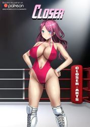 Rule 34 | 1girl, artist name, blue eyes, breasts, cameltoe, character request, cleavage, covered erect nipples, hands on own hips, highres, large breasts, legs, navel, open mouth, pink hair, solo, thighs, wide hips, wrestling outfit, wrestling ring