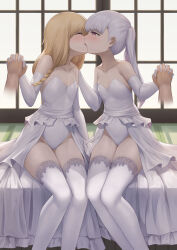 Rule 34 | 2girls, absurdres, arm at side, backlighting, bare shoulders, blonde hair, blush, braid, bright pupils, character request, closed eyes, collarbone, disembodied hand, dress, elbow gloves, feet out of frame, flat chest, french kiss, gloves, half-closed eyes, hand up, hands up, highres, holding hands, interlocked fingers, kiss, legs, legs together, leotard, long hair, male hand, miso (b7669726), monster strike, multiple girls, pink eyes, sash, shouji, side ponytail, single braid, sitting, sliding doors, thighhighs, wedding dress, white gloves, white hair, white leotard, white pupils, white sash, white thighhighs, yuri