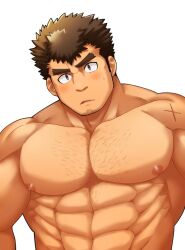 Rule 34 | 1boy, abs, bara, blush, brown hair, facial hair, goatee, goatee stubble, large pectorals, long sideburns, looking at viewer, male focus, muscular, muscular male, nipples, nude, obliques, oskn tengoku, parted lips, pectorals, scar, short hair, sideburns, solo, sparse chest hair, strongman waist, stubble, takabushi kengo, thick eyebrows, tokyo houkago summoners, upper body