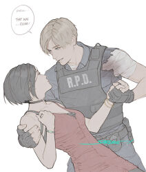 Rule 34 | 1boy, 1girl, ada wong, artist name, bandaged arm, bandages, bangle, bare shoulders, black choker, black gloves, black hair, black pantyhose, blonde hair, blue shirt, bracelet, breasts, bulletproof vest, choker, cleavage, collared shirt, couple, dip (dance move), dress, english text, fingerless gloves, gloves, hand on own chest, hetero, holding hands, jewelry, leon s. kennedy, looking at another, medium breasts, pantyhose, parted bangs, parted lips, police, police uniform, red dress, resident evil, resident evil 2, resident evil 2 (remake), sardine (kjr0313), shirt, short hair, sleeveless, sleeveless dress, uniform, upper body, white background