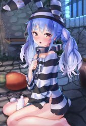 Rule 34 | 1girl, :o, animal ears, bare shoulders, barefoot, barred window, between legs, blue hair, blush, bottomless, carrot, chain, collar, flat chest, hand between legs, highres, hololive, indoors, long hair, looking at viewer, messy hair, night, official alternate costume, orange eyes, prison cell, prison clothes, rabbit ears, rabbit girl, rabbit tail, roke (taikodon), shirt, sitting, solo, striped clothes, striped headwear, striped shirt, tail, usada pekora, usada pekora (prisoner), virtual youtuber, wariza