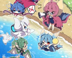 Rule 34 | &gt; &lt;, ..., 5girls, :d, ;d, ^ ^, ahoge, arm up, ball, barefoot, blue cape, blue eyes, blue hair, blue one-piece swimsuit, blue wings, breasts, brown hair, brown wings, cape, ceadeus, closed eyes, closed mouth, commentary request, covered navel, dragon girl, dragon horns, dragon tail, dragon wings, fang, feet, glavenus, gradient hair, green hair, green plesioth, hair between eyes, hair ornament, hairclip, highres, holding, holding ball, horns, lagiacrus, long hair, medium breasts, megaphone, milkpanda, monster hunter (series), multicolored hair, multiple girls, name tag, notice lines, old school swimsuit, one-piece swimsuit, one eye closed, open mouth, outstretched arm, partially submerged, personification, pointing, ponytail, profile, purple hair, red eyes, school swimsuit, short eyebrows, smile, swimsuit, tail, thick eyebrows, translation request, very long hair, white hair, wings, yian kut-ku