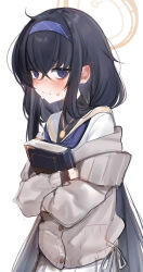 Rule 34 | 1girl, :t, @ @, bags under eyes, black hair, blue archive, blue eyes, blue neckerchief, blush, book, hugging book, card, closed mouth, ear blush, hairband, halo, highres, holding, holding book, long hair, looking at viewer, maru ccy, neckerchief, hugging object, raised eyebrows, sailor collar, shirt, sidelocks, simple background, skirt, solo, sweat, ui (blue archive), upper body, very long hair, white background, white shirt, white skirt