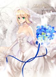 Rule 34 | 1girl, ahoge, artoria pendragon (all), artoria pendragon (fate), bare shoulders, blonde hair, bouquet, breasts, bustier, character name, choker, cleavage, commentary, copyright name, dress, elbow gloves, fate/stay night, fate (series), flower, gloves, green eyes, looking at viewer, medium breasts, official alternate costume, revision, ribbon, saber (fate), saber (royal dress) (fate), short hair, solo, watermark, web address, wedding dress, weed (astarone), white gloves