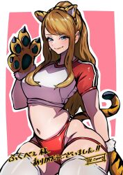Rule 34 | 1girl, animal ears, animal hands, ap cammy, blue eyes, brown hair, crop top, highres, long hair, short sleeves, tail, thick thighs, thighhighs, thighs, thong, tiger ears, tiger tail, yuriko tiger, yuriko tiger fanart