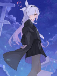 Rule 34 | 1girl, absurdres, arms behind back, black coat, black pantyhose, black serafuku, black skirt, blue archive, braid, broken wall, cloud, cloudy sky, coat, colored inner hair, commentary request, hair ornament, hair over one eye, halo, highres, indoors, long bangs, long hair, long sleeves, looking at viewer, multicolored hair, night, night sky, open clothes, open coat, own hands together, pantyhose, plana (blue archive), pleated skirt, randouworks, school uniform, serafuku, sidelocks, single braid, skirt, sky, solo, star (sky), starry sky, two-tone hair, white hair